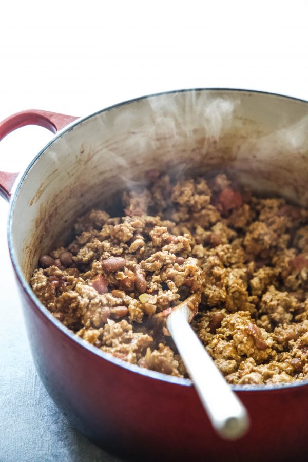 ground turkey cooking in a skillet