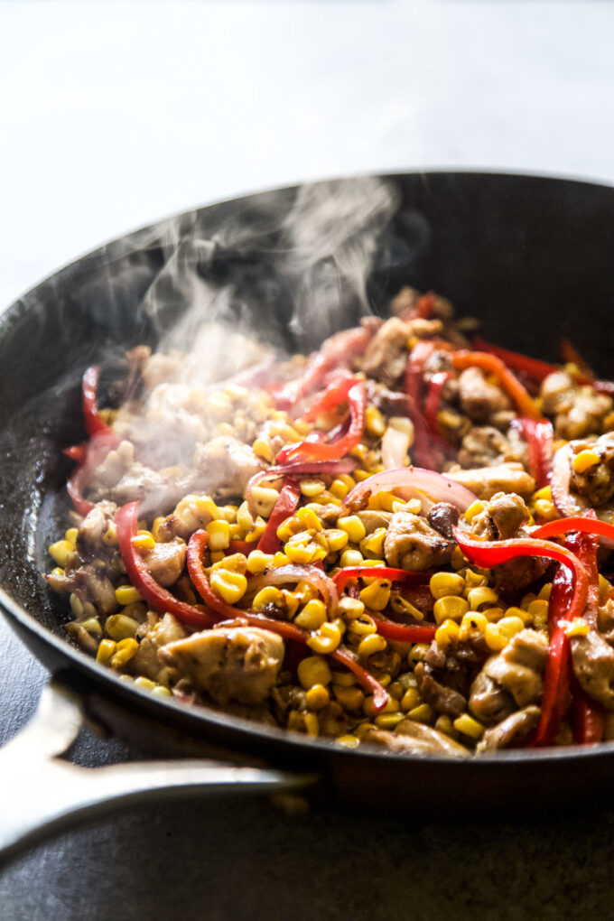 Easy Chicken & Corn Stir-Fry in a skillet