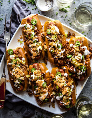 loaded chorizo & kimchi hot dogs