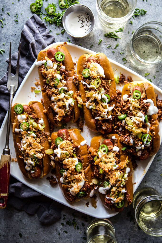 loaded chorizo & kimchi hot dogs