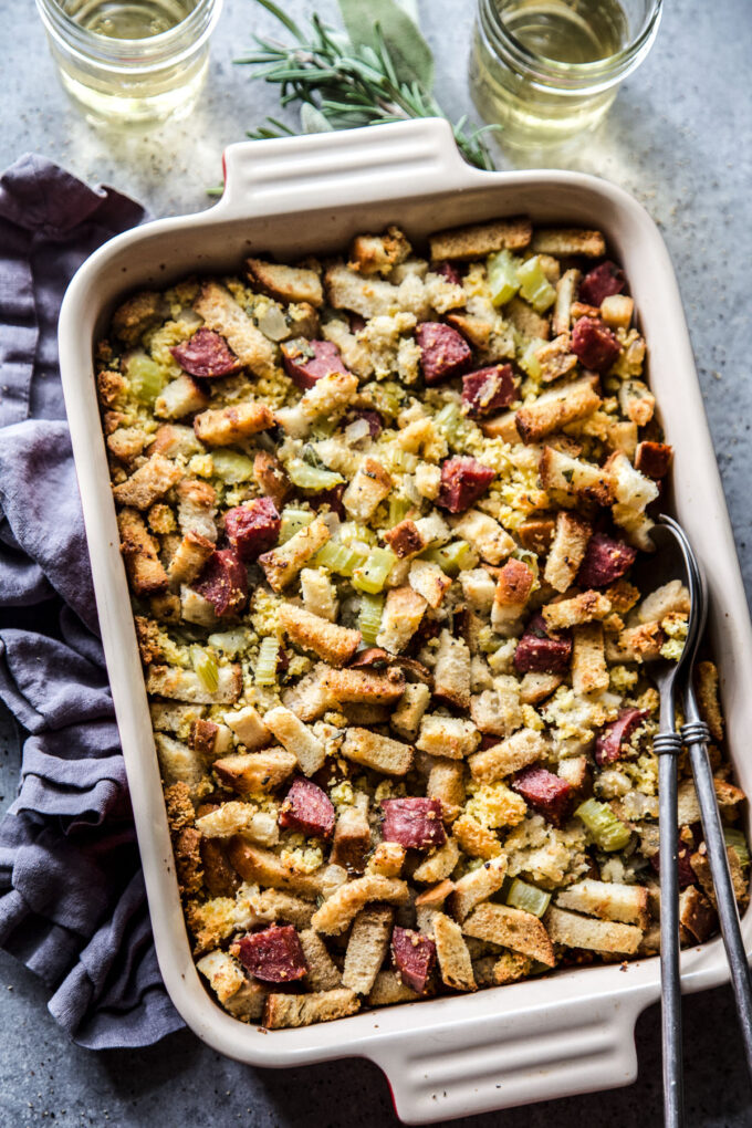 Easy Cornbread Stuffing with Salami www.thecuriupsplate.com