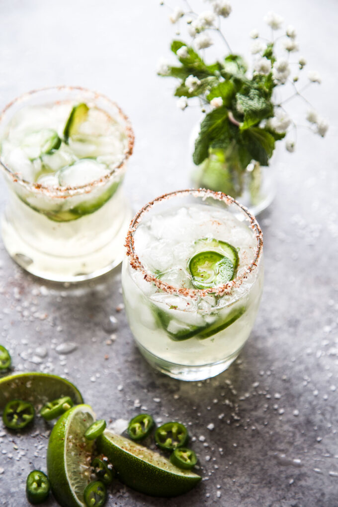 Spicy Cucumber Margarita with Tequila Lime Pickled Jalapenos thecuriousplate.com