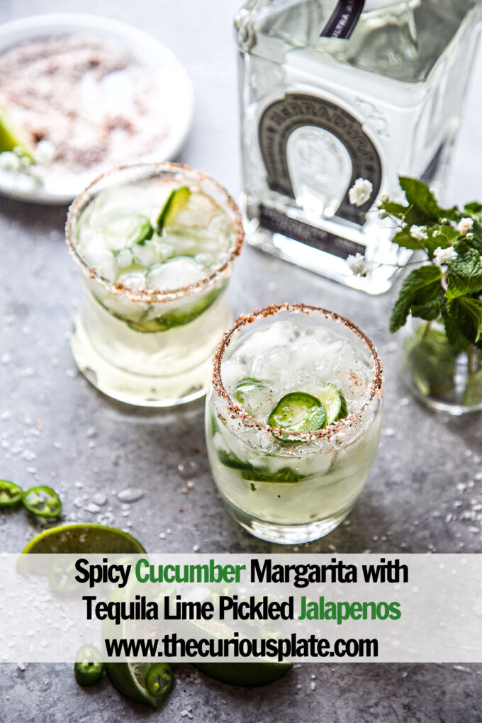 Spicy Cucumber Margarita with Tequila Lime Pickled Jalapenos thecuriousplate.com
