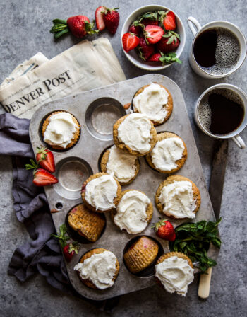 Strawberry Banana Bread Muffins with Vanilla Frosting