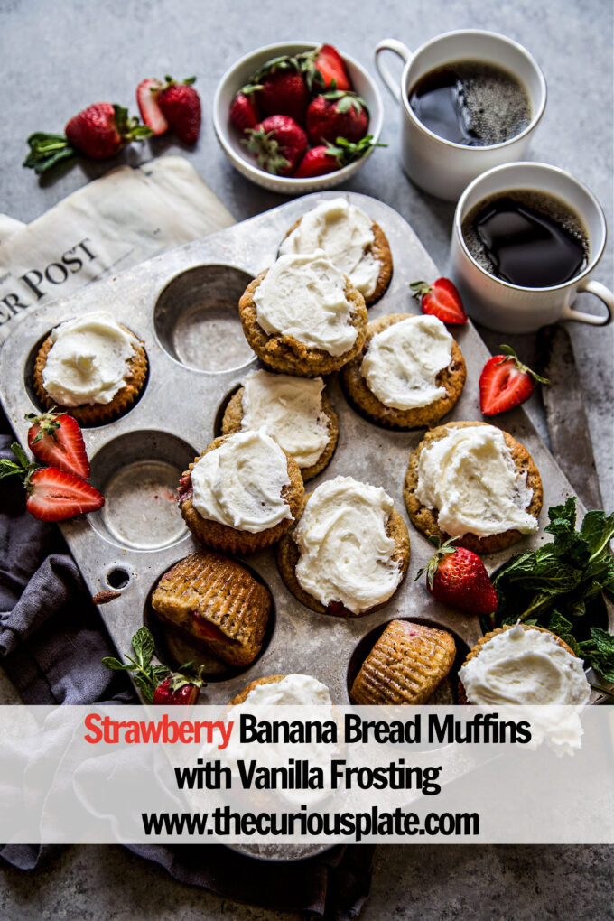 Strawberry Banana Bread Muffins with Vanilla Frosting