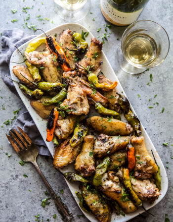 lemon garlic grilled chicken wings with shishito peppers