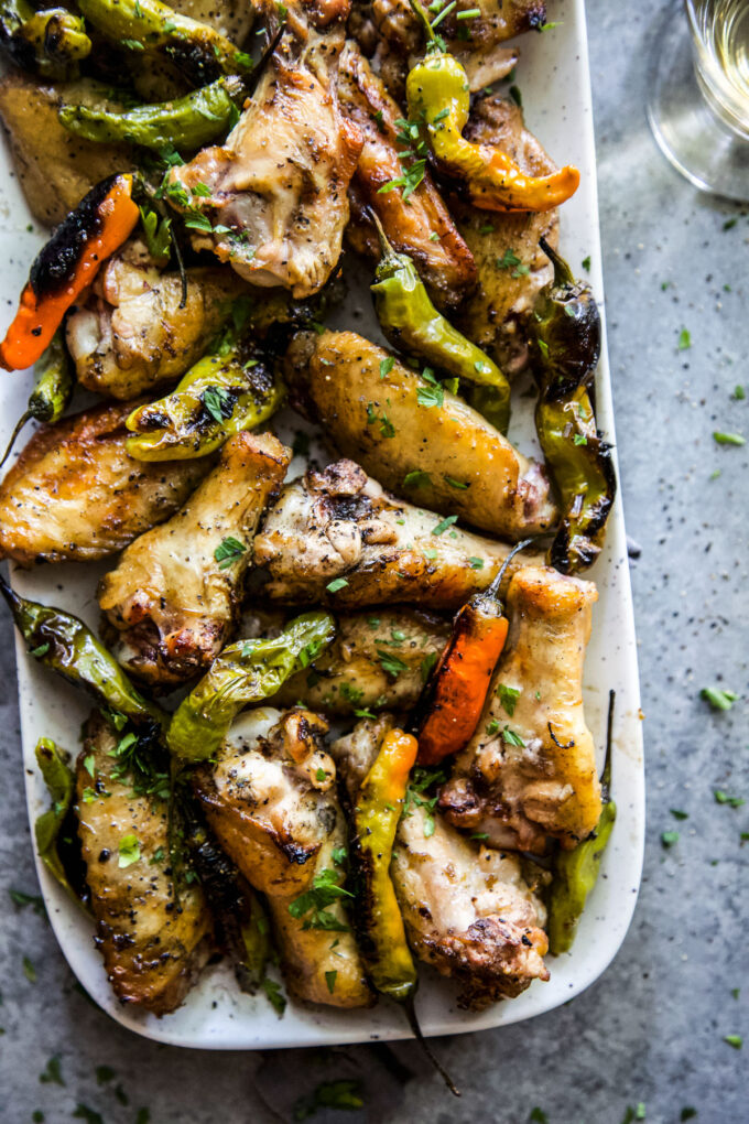 Lemon Garlic Grilled Chicken Wings with Shishito Peppers