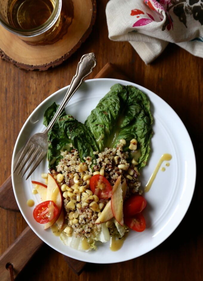 Grilled Romaine Salad with Quinoa, Apples, Corn, & Dijon Vinaigrette 