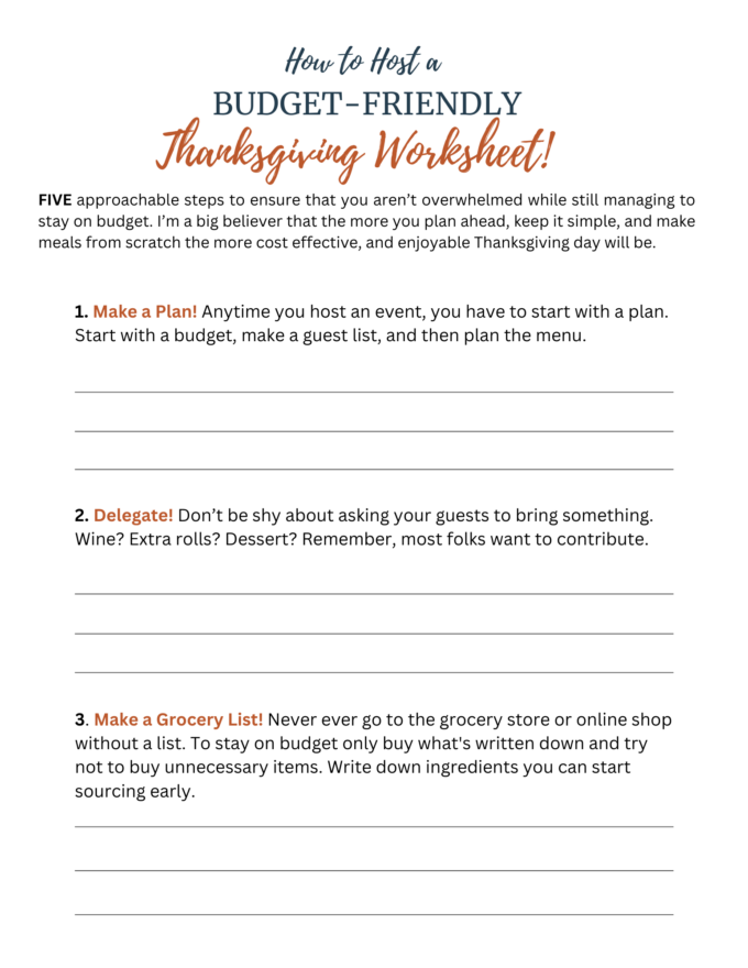 budget friendly worksheet for thanksgiving