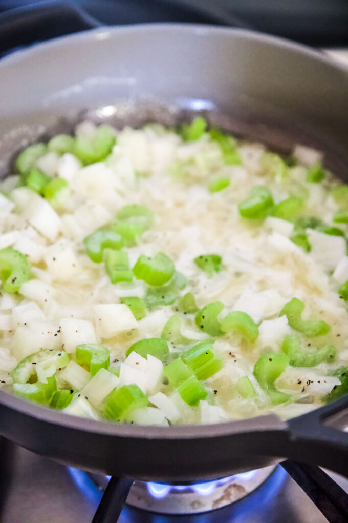 celery, onion, sauting in a skillet