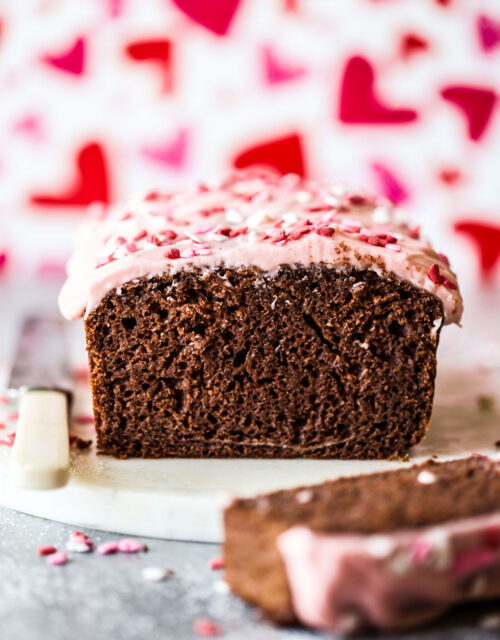 chocolate loaf cake with cherry frosting www.thecuriousplate.com