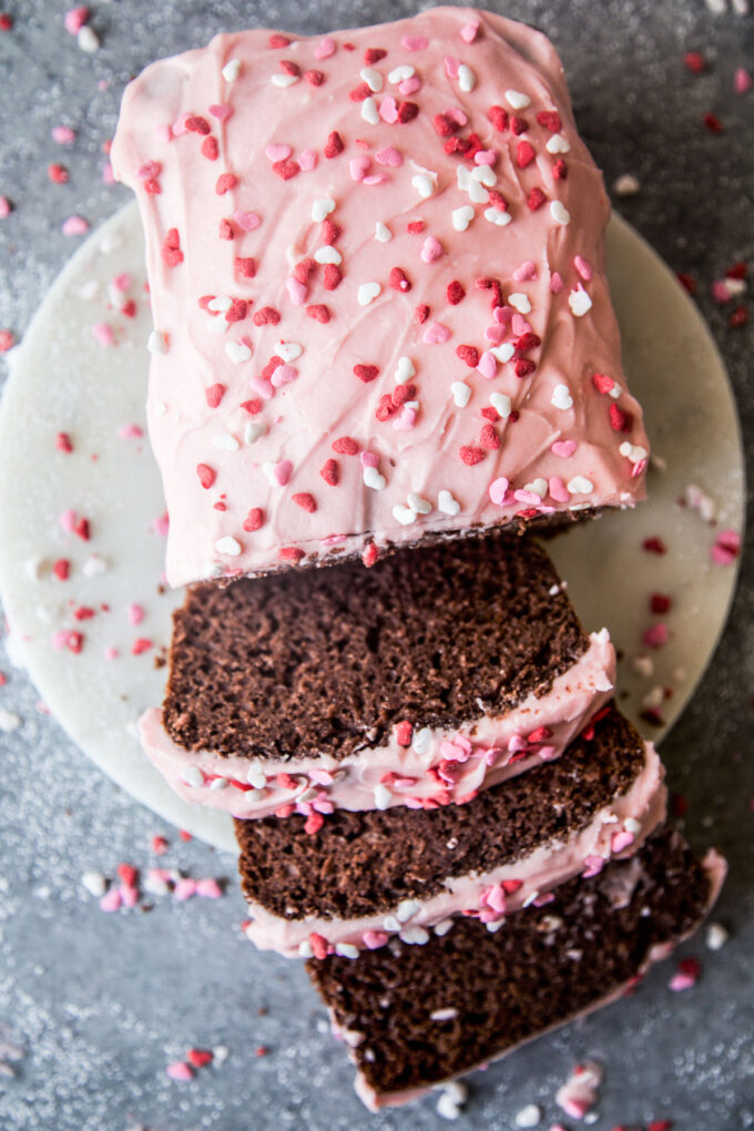 chocolate loaf cake with cherry frosting www.thecuriousplate.com