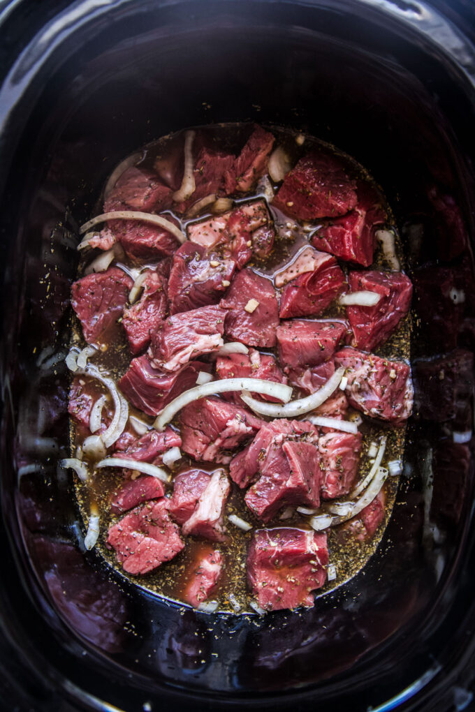 slow cooker shredded pot roast before cooked