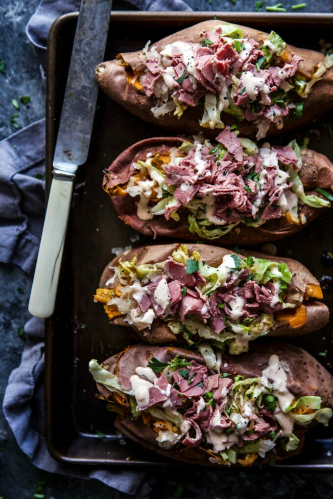 corned beef stuffed sweet potatoes
