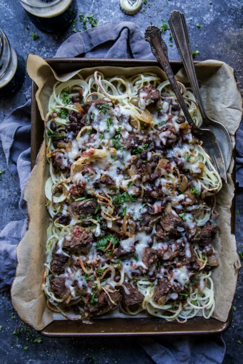 Guinness and Black Bean Chili Loaded Spiralized Fries