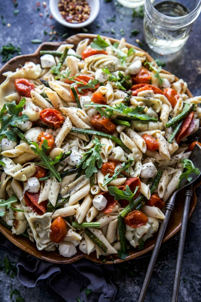Spring Chickpea Pasta with Roasted Vegetables 