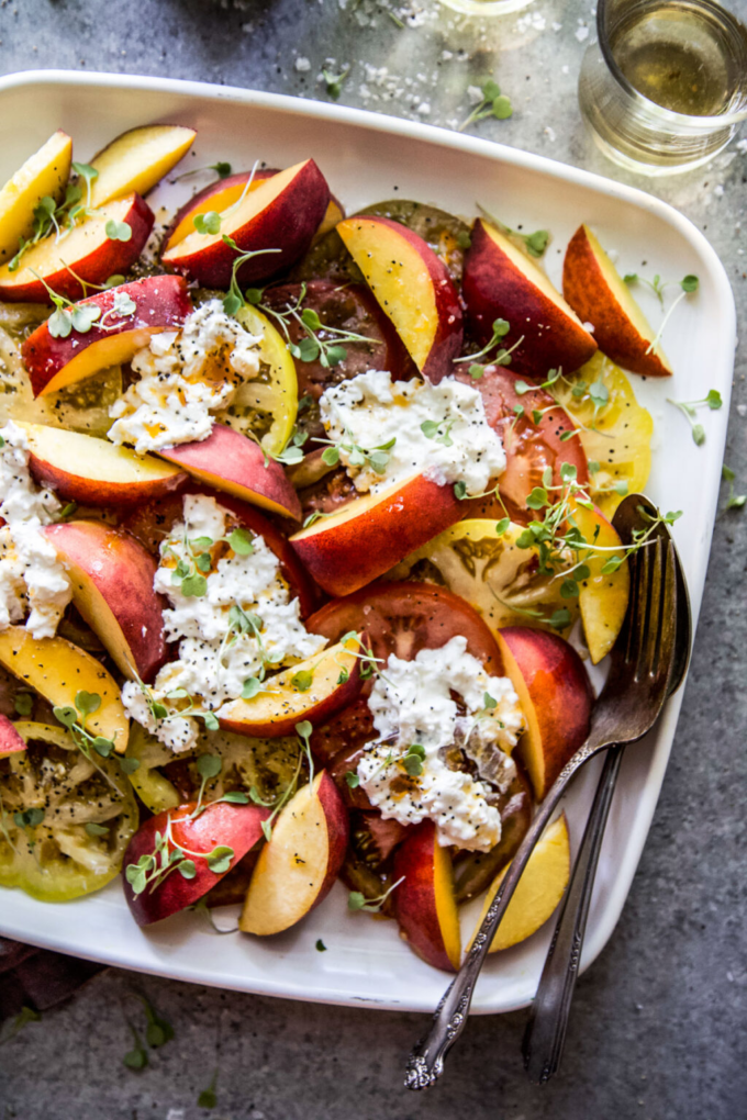 Tomato, Peach, & Burrata Salad with Hot Honey Sauce 