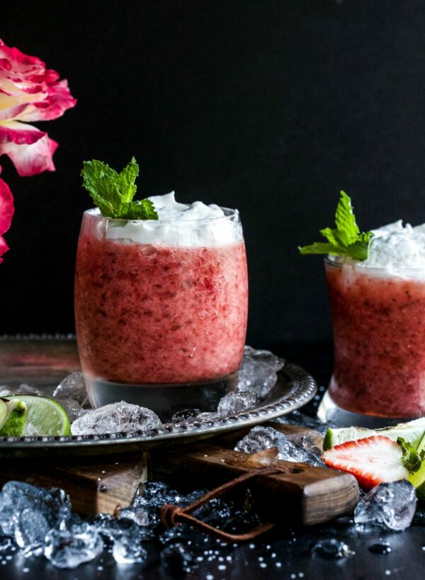 Roasted Strawberry & Rosé Margarita with Coconut Whipped Cream 