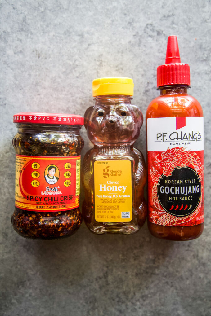 chili crisp, honey, and gochujang hot sauce
