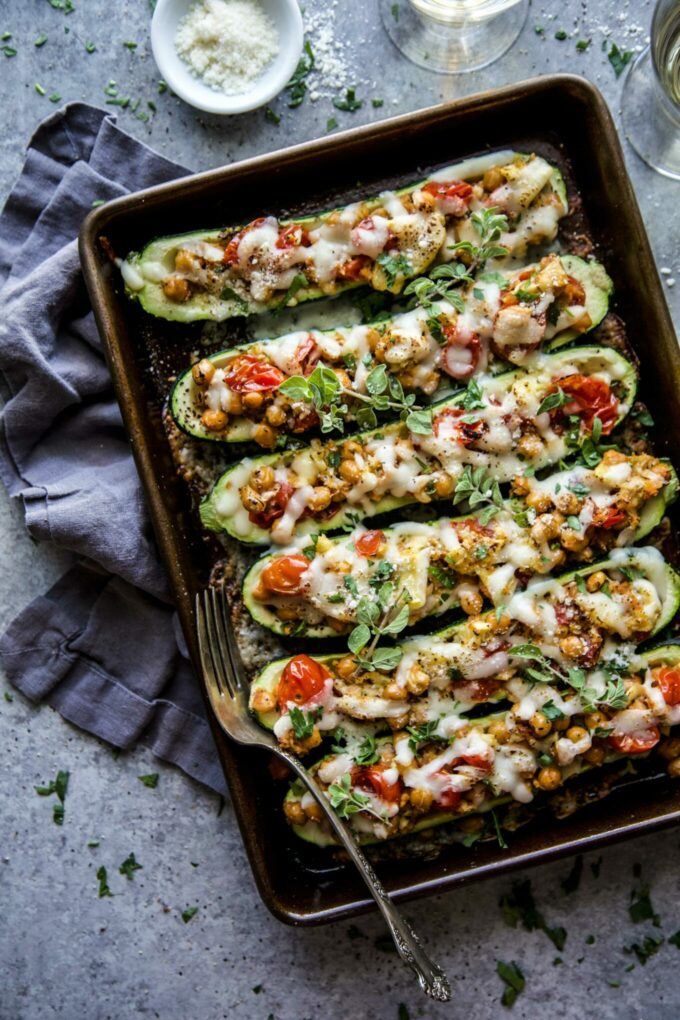 Tuscan Chickpea Stuffed Zucchini Boats.

