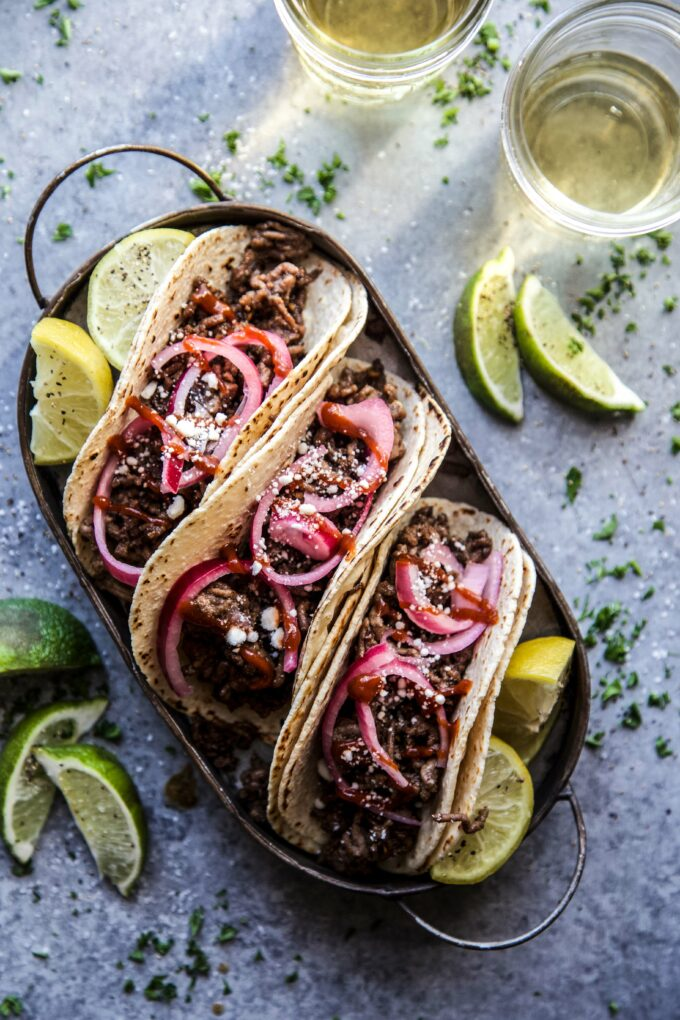 Sesame Beef Tacos with Quick Pickled Onions