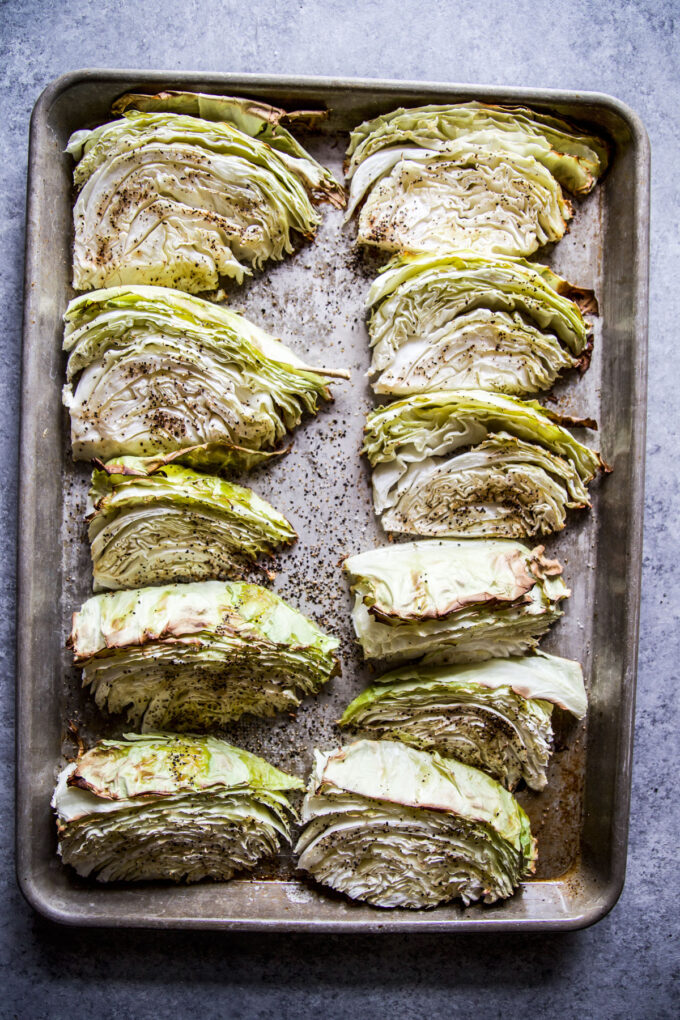 roasted cabbage on a baking sheet