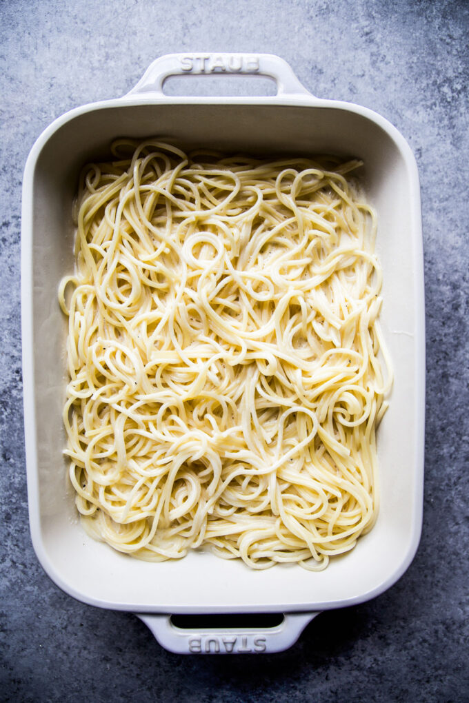 spaghetti in a casserole dish