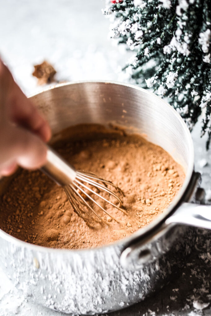 easy tahini hot chocolate in a saucepan