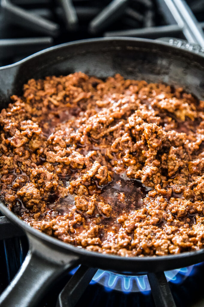 ground bbq beef in a skillet