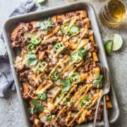 beef and kimchi sweet potato nachos.