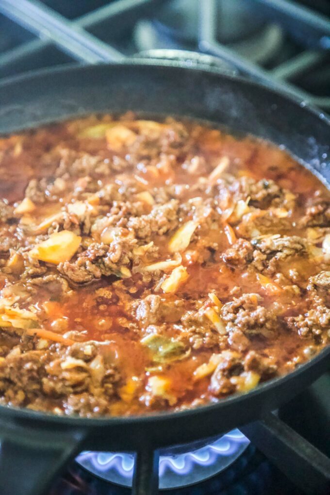ground beef and kimchi in a skillet
