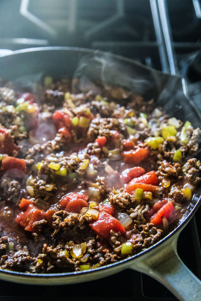 chili beef mix in a skillet