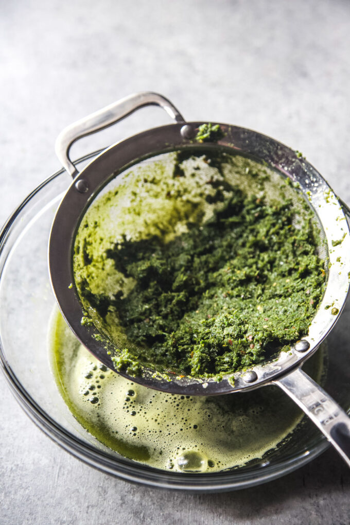 tabouli being strained