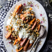 Ginger Roasted Sweet Potatoes with Blue Cheese & Pickled Walnut Salsa