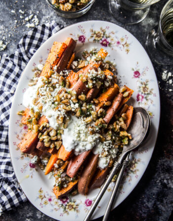 Ginger Roasted Sweet Potatoes with Blue Cheese & Pickled Walnut Salsa