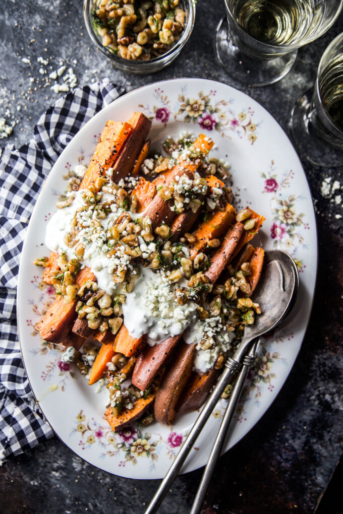 Ginger Roasted Sweet Potatoes with Blue Cheese & Pickled Walnut Salsa