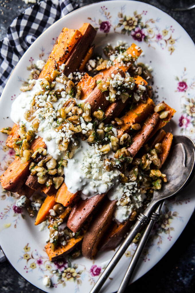 Ginger Roasted Sweet Potatoes with Blue Cheese & Pickled Walnut Salsa