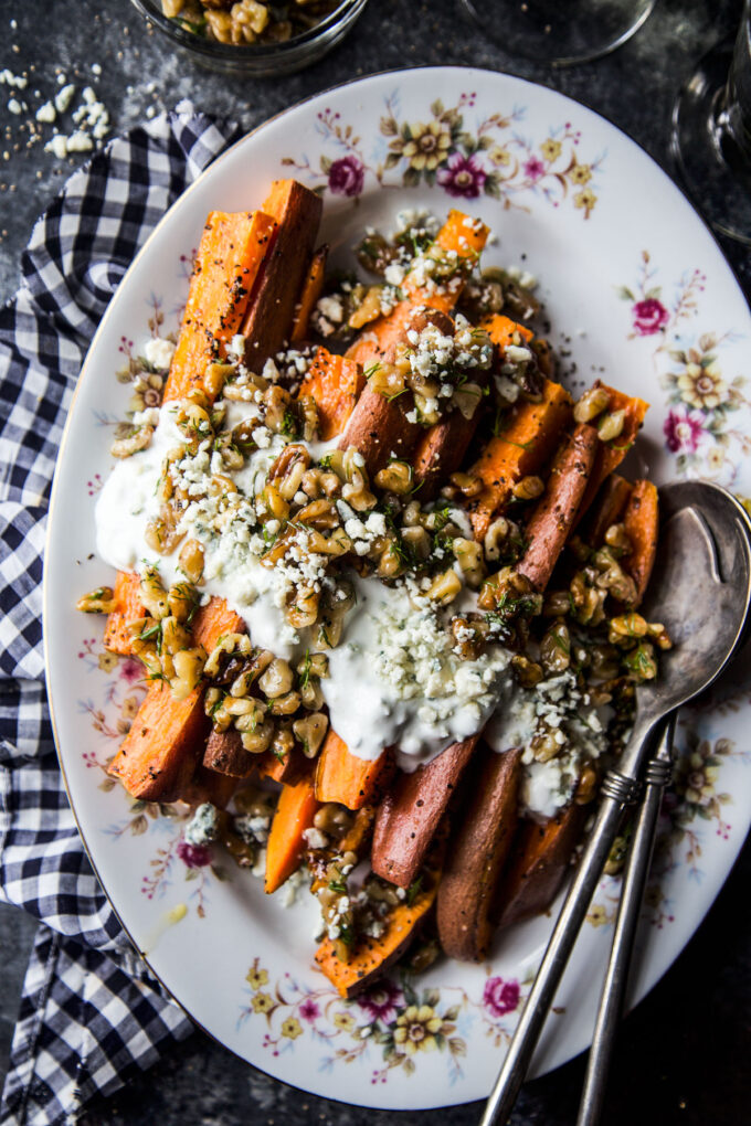 Ginger Roasted Sweet Potatoes with Blue Cheese & Pickled Walnut Salsa