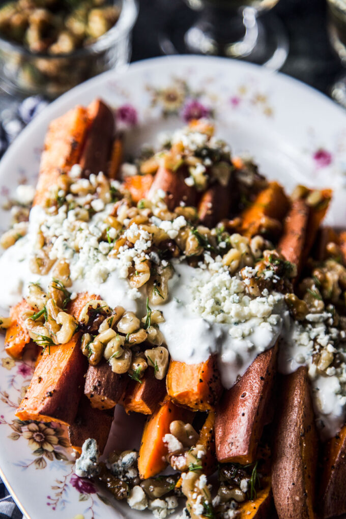 Ginger Roasted Sweet Potatoes with Blue Cheese & Pickled Walnut Salsa