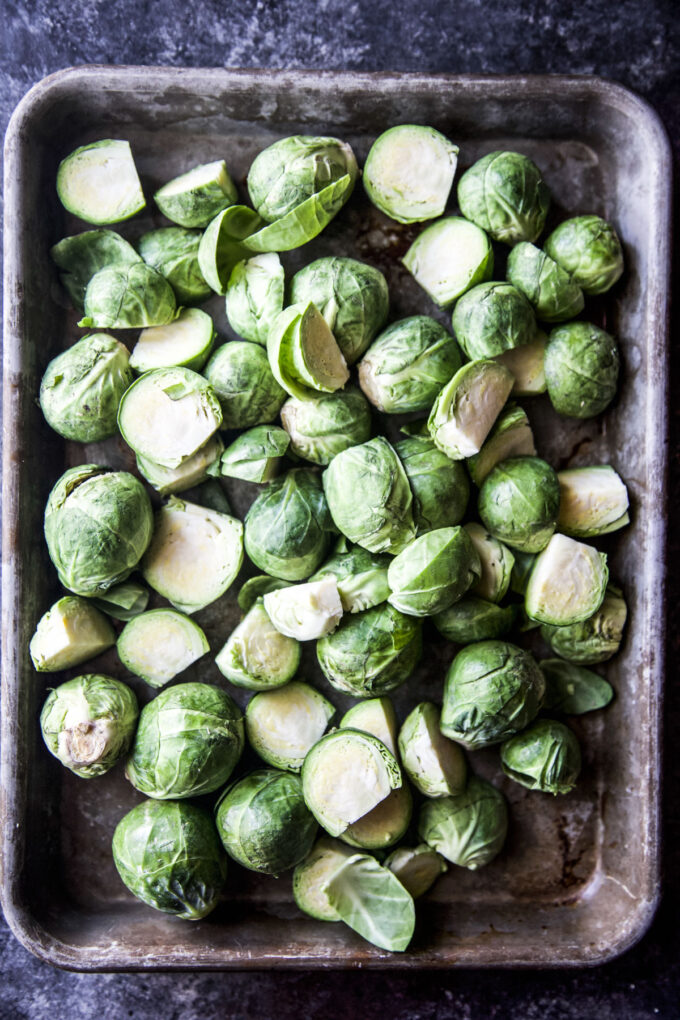 brussels sprouts sliced in a pan