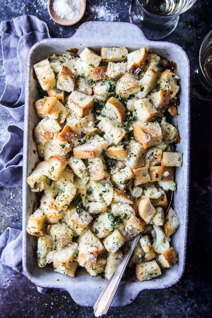 Cheesy Cauliflower Casserole with Garlic Bread Crust