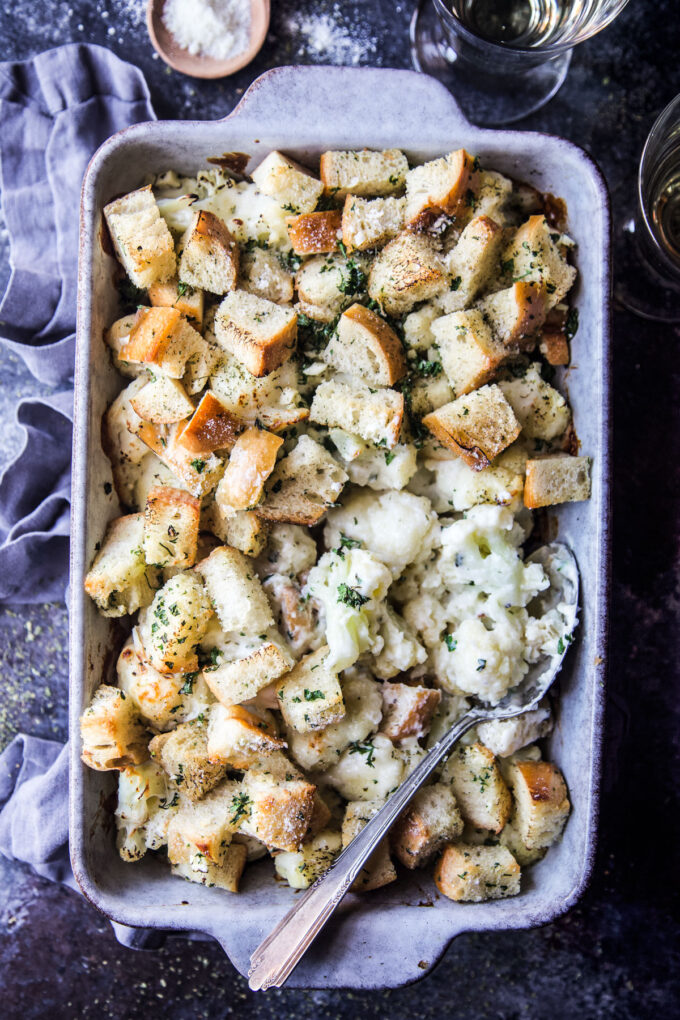 Cheesy Cauliflower Casserole with Garlic Bread Crust