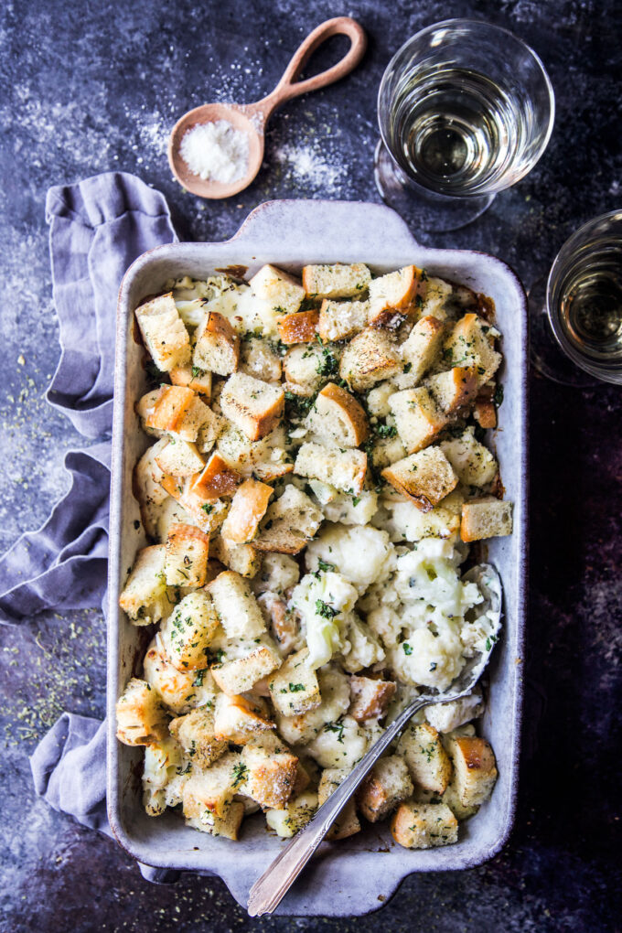 Cheesy Cauliflower Casserole with Garlic Bread Crust