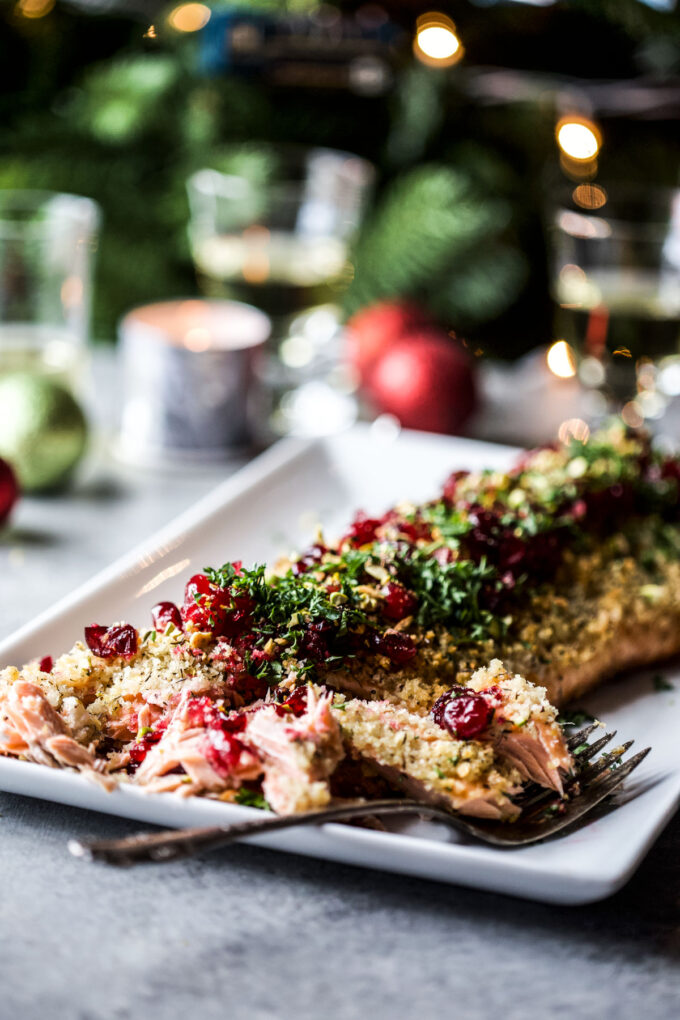 Christmas Baked Salmon with Pickled Cranberries & Pistachios