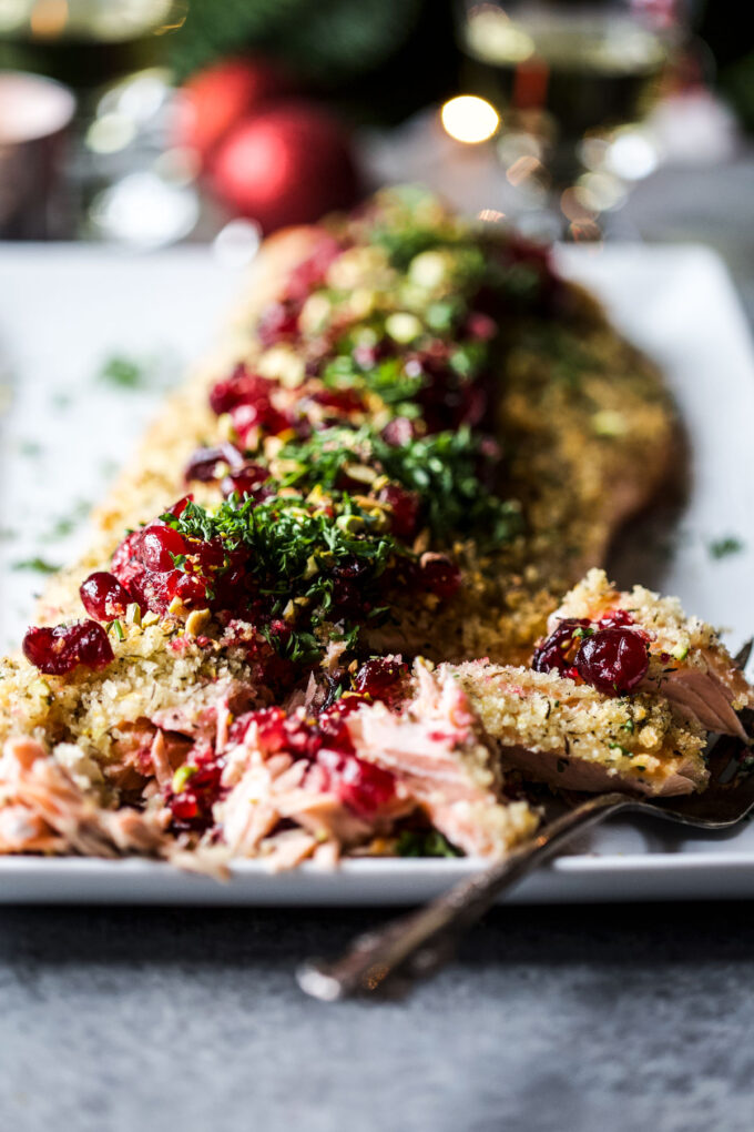 Christmas Baked Salmon with Pickled Cranberries & Pistachios