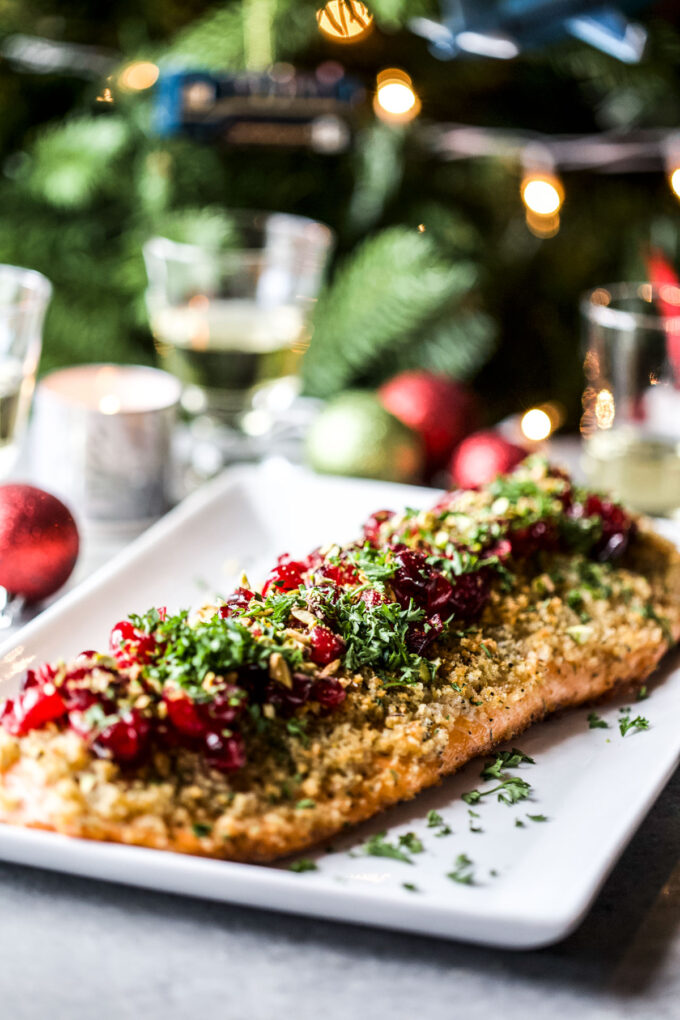 Christmas Baked Salmon with Pickled Cranberries & Pistachios