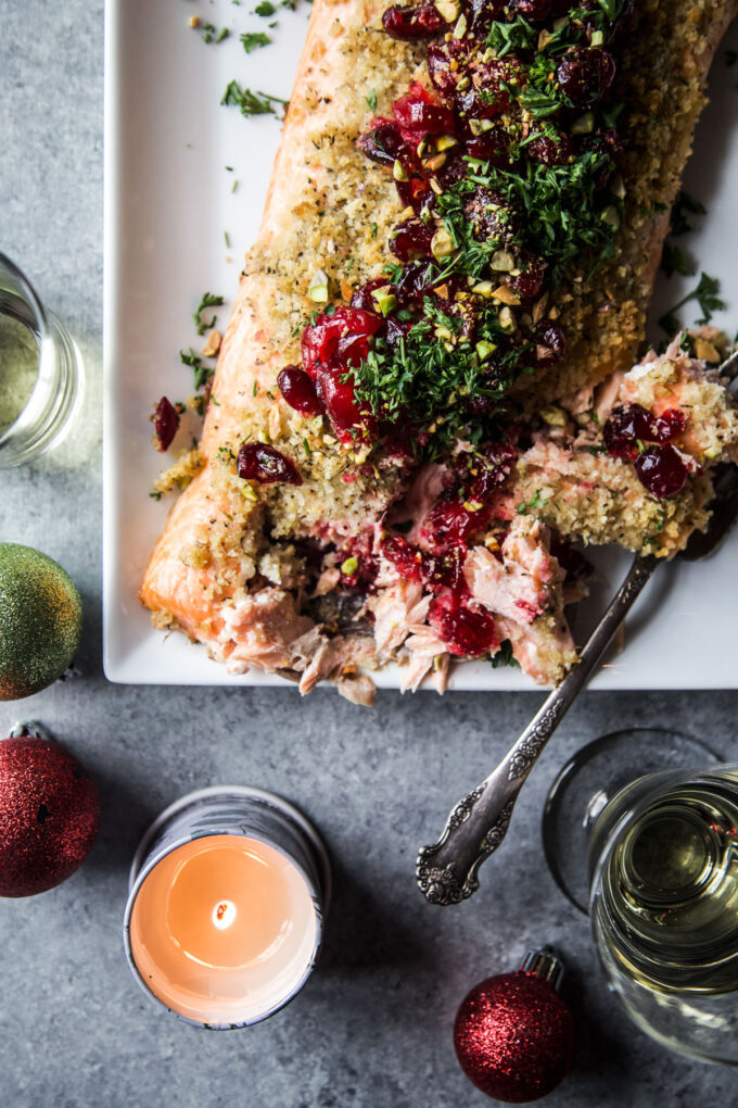 Christmas Baked Salmon with Pickled Cranberries & Pistachios