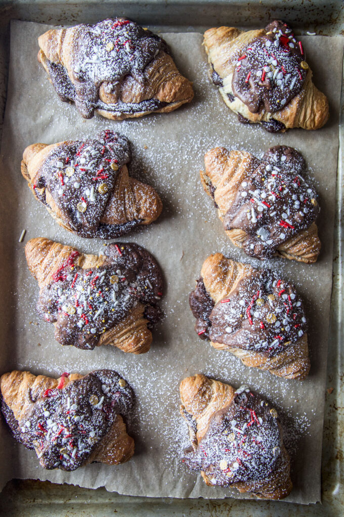 croissants out of the oven on a baking sheet