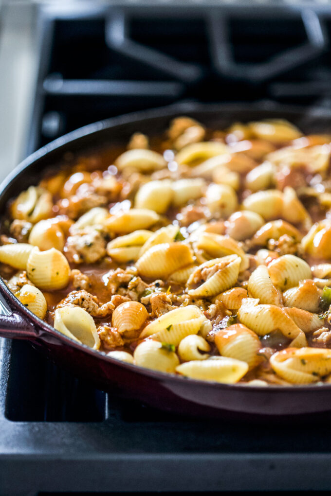 pasta shells in skillet