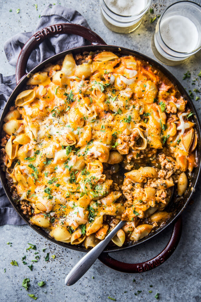 Buffalo Chicken Chili Pasta Skillet